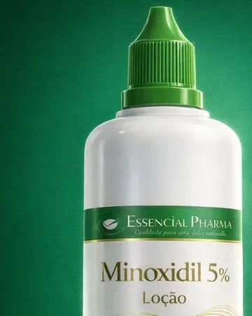 Um frasco de minoxidil em loção, com o rótulo da Essencial Pharma.